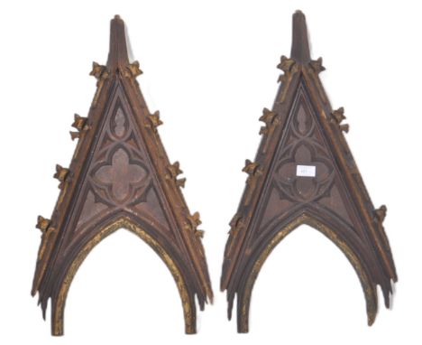 A pair of 19th Century hand carved Gothic Ecclesiastical architectural&nbsp; carved wood wall panels / arches. Both with arch