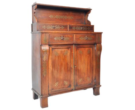 A 19th Century rosewood chiffonier sideboard credenza having a shaped functional top section with brass gallery and appointed