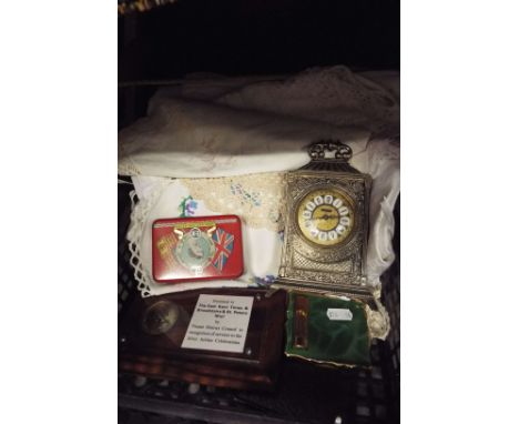 A selection of linen, lace, compact, clock etc