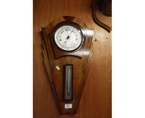 An Art Deco walnut cased barometer and thermometer 