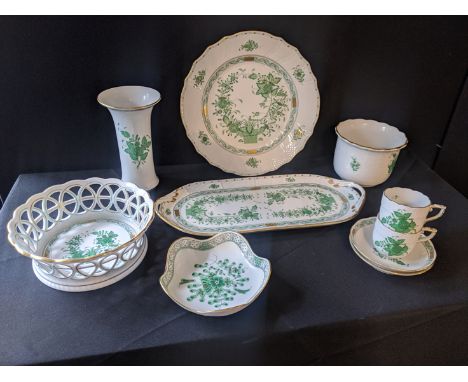 A collection of Herend green floral porcelain to include a vase H.7cm, tray L.36cm, bowl D.14cm, plate D.26cm, planter D.13cm