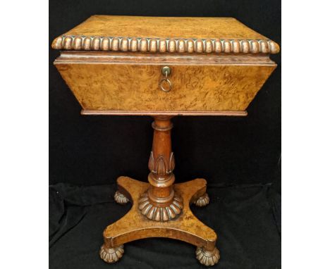 Attributed to Gillows, a 19th century burr walnut Tea Poy Tea Caddy, on stand, raised on four feet with casters, nulling and 
