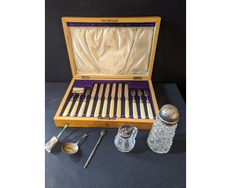 A small collection of glass and silver tableware to include a mustard pot, hallmarked Birmingham, 1902, maker William Henry S