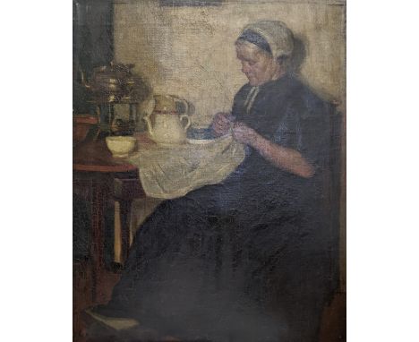 19th Century Dutch School, a portrait of a seated lady sewing, indistinctly signed lower left, oil on canvas, label to verso 