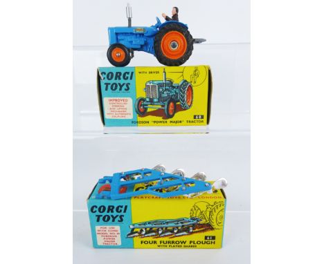 Corgi die-cast model 60 Fordson 'Power Major' Tractor, & 61 four furrow plough, boxed (2)   Condition Report  Models: EX/MBox