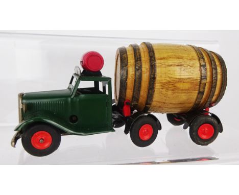 Triang Minic 'Watneys Red Barrel' advertising model, green cab with red barrel on roof, pulling a wooden keg, red hubs, boxed