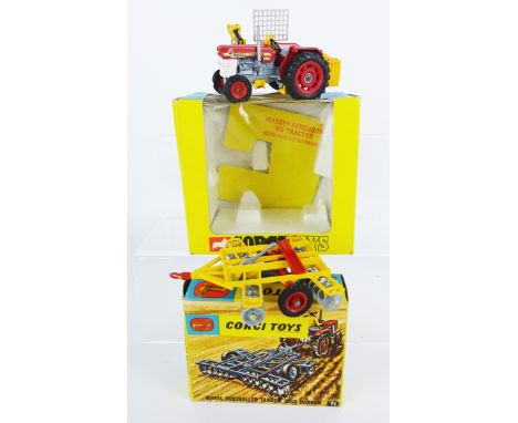 Corgi die-cast model 73 Massey-Ferguson 165 Tractor with Saw Attachment, & 71 Wheel Controlled Tandem Disc Harrow, both boxed