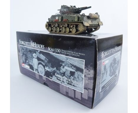 Set of six Corgi die-cast models of fighter aircraft, on stands and a Corgi model of a Sherman Tank USMC, boxed