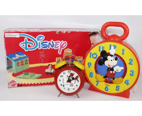 Mattel Disney Mickeytown Railroad c.1988, Disney talking Mickey Mouse Clock c.1981 and Mickey Mouse Alarm clock c.1987   Cond