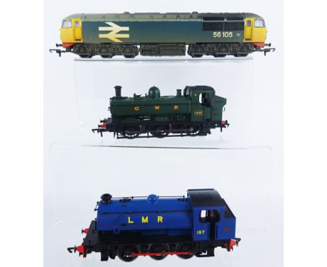 Hornby 00 gauge BR Co-Co Class 56 Diesel loco, (Weathered Ed.) 56105,  R2253A, Hornby  0-6-0 LMR blue loco 157, Bachmann 0-6-