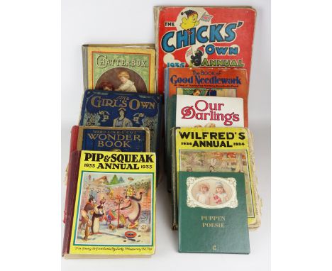 Collection of early 20th Century Children's books including annuals and six Cloth Dolls by Mary. R in one box