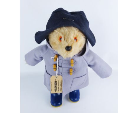 1970's Gabrielle Designs Paddington Bear, with grey duffle coat, original blue Dunlop wellingtons, felt hat with safety pin a