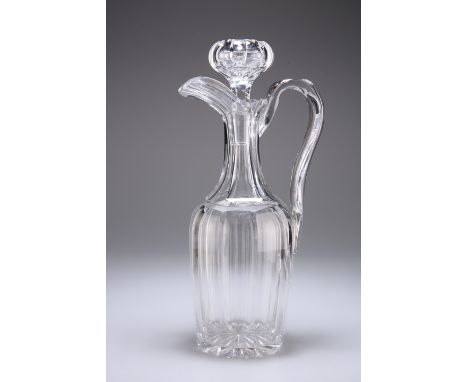 A HEAVY CUT-GLASS DECANTER, POSSIBLY BACCARAT, the body with vertical panel cutting through the shoulder into the neck, with 