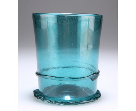 A TURQUOISE BEAKER, CIRCA 1750,&nbsp;the body cylindrical with a glass bead around the lower section and set on a slightly ra