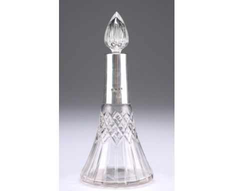 A GEORGE V SILVER-MOUNTED CUT-GLASS SCENT BOTTLE, Birmingham 1927, the body with a wide flat base and rising conically to the