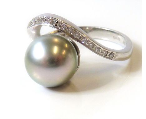 A cultured pearl, diamond-set and 18-carat white-gold ring, the silvery grey cultured pearl measuring 9mm in diameter to the 