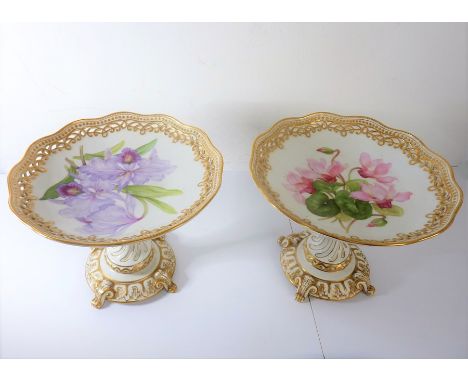 A pair of early 20th century fine Royal Copenhagen porcelain comports; each with reticulated gilded border and individually p