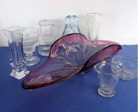 A large boat-shaped art glass dish with red borders (possibly 1960s/70s) together with other glassware including a heavy&nbsp