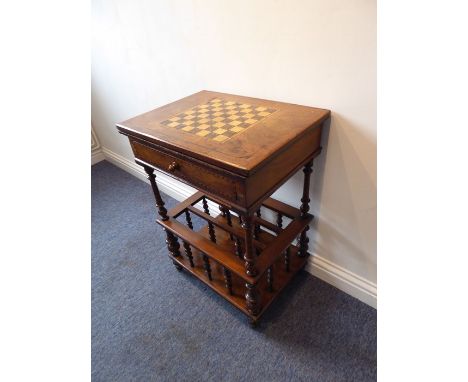 A circa 1900 walnut and mahogany games/card table with Canterbury lower section; the inlaid folding top with chess board open