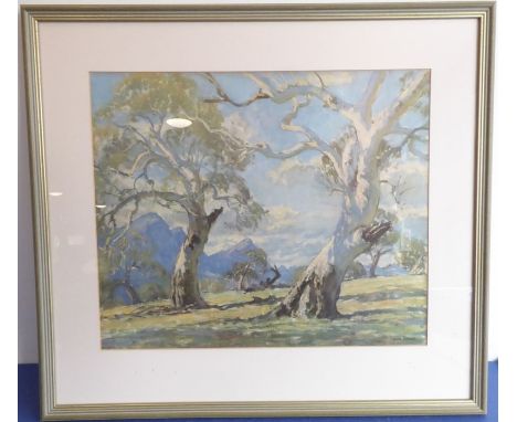 After JOHN ROWELL (Australian School); a colour print of two eucalyptus trees,&nbsp;gilt frame and glazed&nbsp;(print size 36