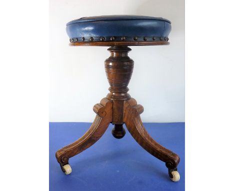 A late 19th century Aesthetic-style circular adjustable walnut piano/music stool; applied maker's label to underside 'Richard