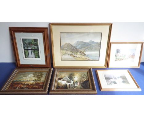 Six original pictures and prints to include 'Through the Gate' by Glen Palin, countryside oil on canvas studies and a mountai