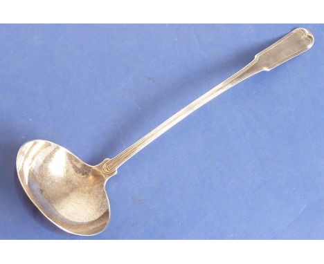 A heavy hallmarked silver fiddle and thread pattern ladle; engraved armorial and maker's mark AH, assayed Edinburgh probably 