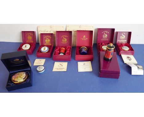 Nine enamelled pill boxes; six&nbsp;boxed Staffordshire Enamels examples (two with limited edition certificates) and three ot