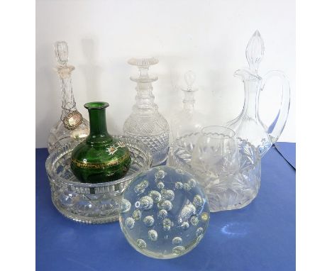 A good selection of glassware to include an early 19th century cut-glass mallet-shaped decanter with mushroom stopper, a heav