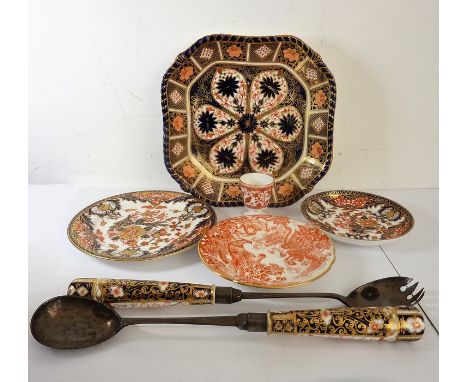 A mixed lot to include Royal Crown Derby: a square dish, three circular dishes, an egg cup and a set of silver-plated&nbsp;sa