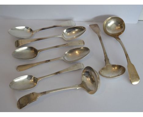 Five&nbsp;18th/19th century hallmarked silver tablespoons; varying maker's marks, assay offices and year letters etc. togethe