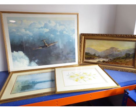 Four wall-hanging framed and glazed pictures and prints to include a large GERALD COULSON coloured&nbsp;print, 'Evening Fligh
