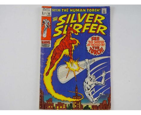 SILVER SURFER # 15 - (1970 - MARVEL - UK Price Variant) - Silver Surfer battles the Human Torch with Thing and Mr. Fantastic 