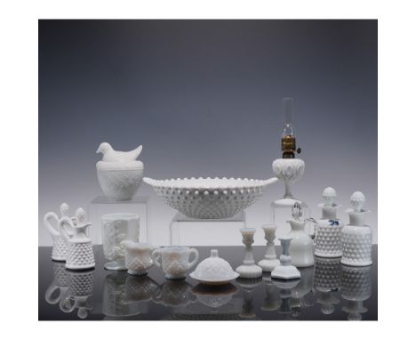 Assorted 15-piece collection of vintage white milk glass, featuring hobnail cruets with stoppers, candlestick holders, a figu