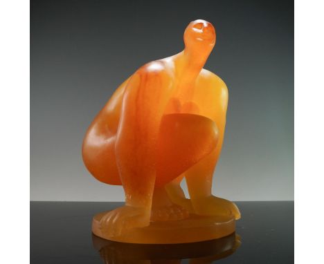 Limited edition sculpture designed by Catherine Lorain (French, b. 1941) for Daum France. Formed in opaque amber pate de verr