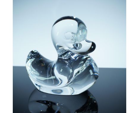 This Daum France crystal figurine features an abstract duck rendered in clear, polished crystal. With its fluid lines and min