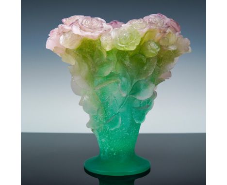 Multicolored pate de verre glass vase by Daum France featuring a detailed rose motif. The sculptural surface depicts blooming