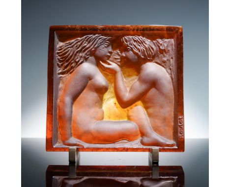 Amber-toned pate de verre glass sculpture created by French artist Pierre Roulot (1917-2007) for Daum. The relief design feat