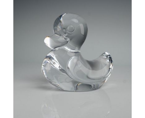Graceful duck figurine sculpted in clear crystal, depicted as a duck swimming in the warm serene lake. Daum etched backstamp.