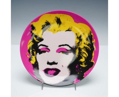 Decorative Limoges porcelain plate featuring Andy Warhol's iconic Marilyn Monroe portrait in vivid pink, yellow, and black, p