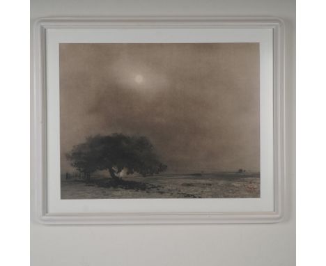 Etching on paper titled Grand Arbre 1st State by Indian artist Kaiko Moti. This atmospheric black and white landscape feature