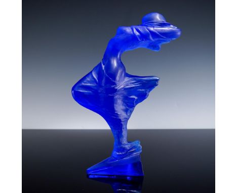 A crystal sculpture in deep cobalt blue designed using the pate de verre technique. This expressive piece captures the dynami
