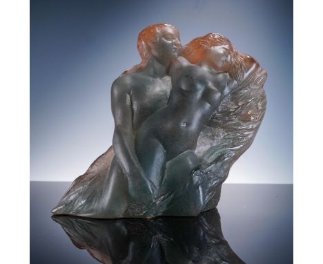 A striking Daum crystal pate de verre sculpture titled Lovers Embrace, crafted by noted French artist Pierre Roulot. This lim