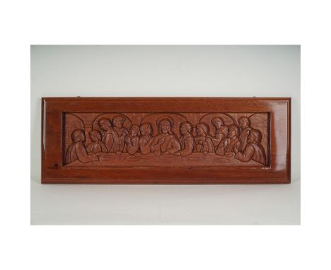 Original hand-carved mahogany wall panel depicting The Last Supper, produced by Heritage. This finely detailed wooden relief 