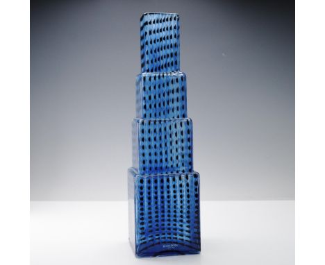 Striking art glass Metropolis vase by Bertil Vallien for Kosta Boda, Sweden, designed in a bold stepped tower form with a squ