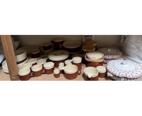 A Hornsea terracotta and cream cinnamon pattern part tea and dinner service together with a pair of Spode bone china tureens 