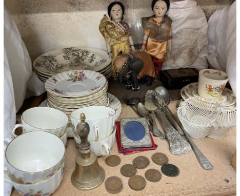 A Royal Worcester Roanoke part tea set, together with electroplated flatwares, Indian dolls, elephant, glass vase, linen, Bel