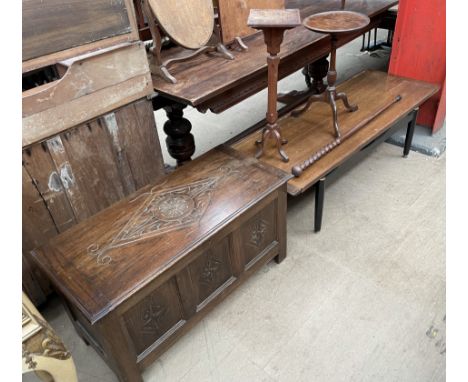 A teak coffee table with ebonised legs together with two wine tables a walking stick and an oak coffer, (lid fixed)