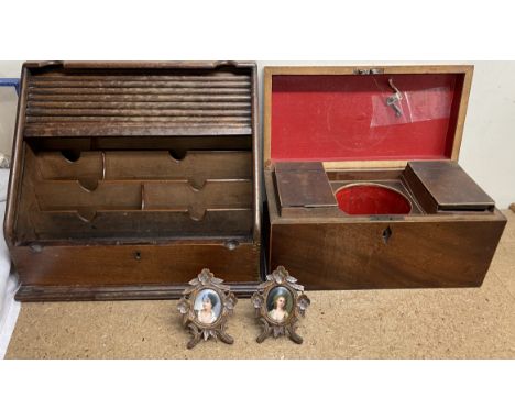 A Victorian mahogany tea caddy of rectangular form with two lidded compartments to the interior together with a tambour front