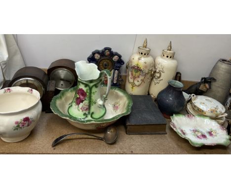 A pottery jug and basin set together with pottery clock, pottery vases, mantle clocks, Welsh bible, brass candlesticks, elect